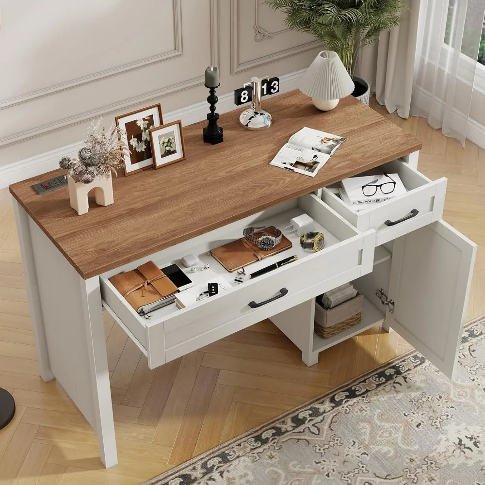 Bureau de direction Farmhouse de 47 pouces, bureau d'ordinateur avec tiroirs et armoire de rangement, bureau d'ordinateur pour poste de travail pour bureau à domicile et goujons