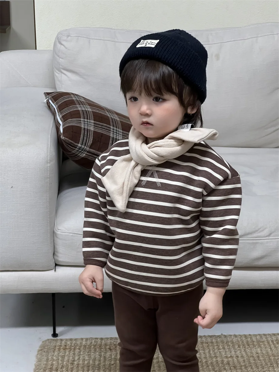 2024 Winter New Baby Plus Velvet Thick Sweatshirt Set Boys Girls Striped Bottoming Shirt + Pants 2pcs Suit Infant Fleece Outfits image 6