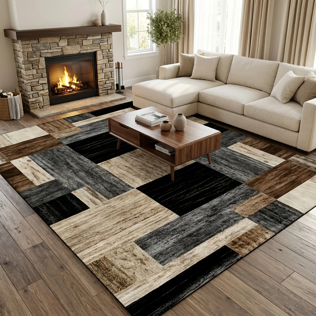 [2d Flat]Modern Patchwork Wood Grain Geometric Area Rug, for Living Room Bedroom Dining Room Home Office Apartment, Modern Home Decor Room Decoration