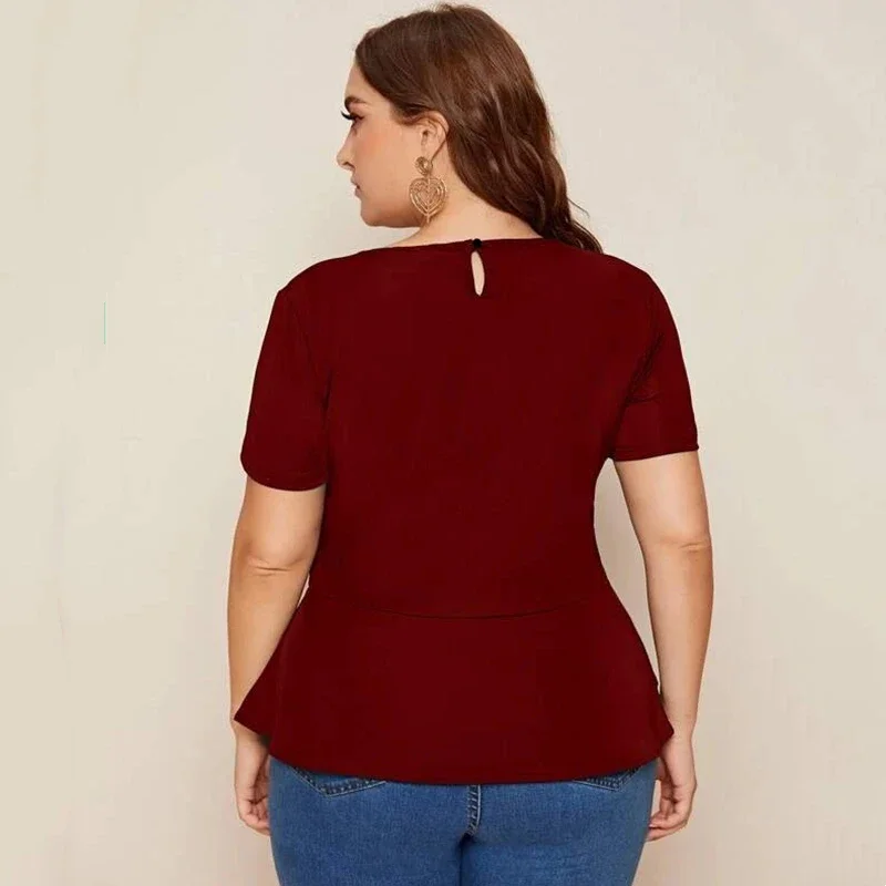 Plus Size Elegant Peplum Top Women Short Sleeve Keyhole Back Ruffle Blouse Female Large Size Casual Red T-shirt Tee 6XL 7XL 8XL