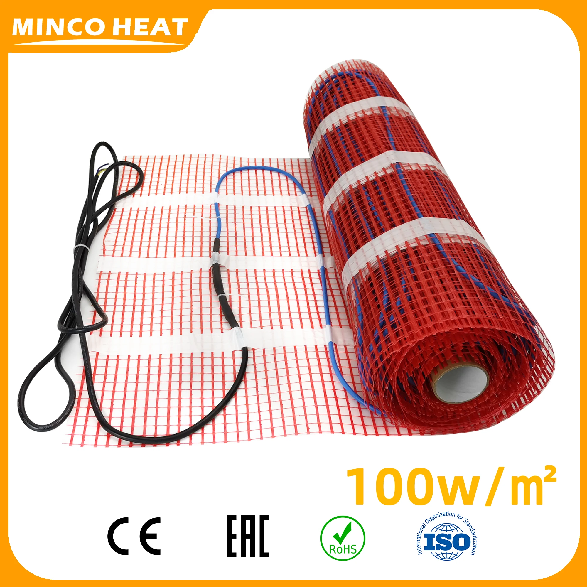 Minco Heat-100w/㎡ 방수 타일 시멘트 바닥 난방 케이블 전기 따뜻한 매트 트윈 도체, 전기 따뜻한 스트랜드 매트 