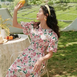 ARTKA 2023 Summer New Women Dress Elegant Loose Floral Prints Dresses O-Neck High Waist Puff Sleeve Long Dress Female LA29325X