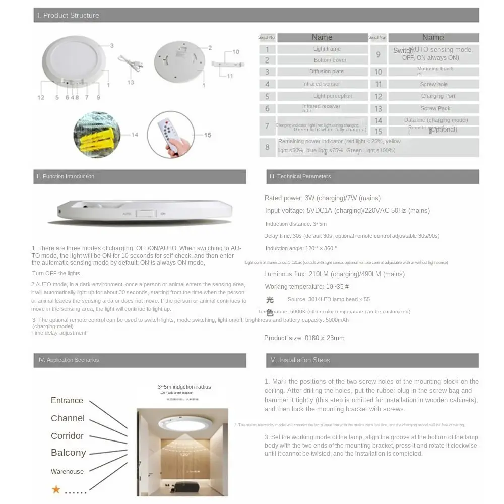 Round Motion Sensor Lights 3 Color Wireless induction Ceiling Light with Remote Control Rechargeable LED Closet Lamp Entrance