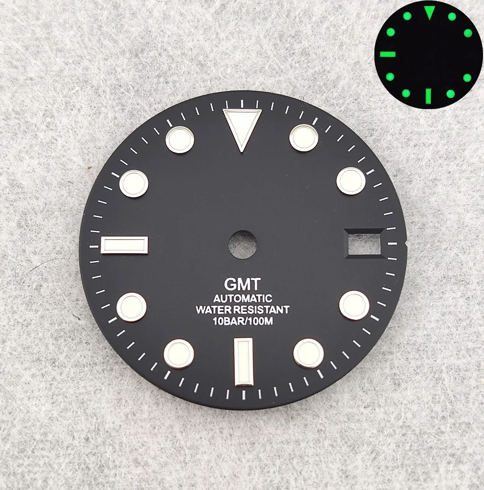 Циферблат 28,5 мм, циферблат GMT, циферблат NH35, циферблат NH34, светящийся циферблат, индивидуальный логотип, подходит для NH34/NH35/NH36, запасные части для часов с механизмом