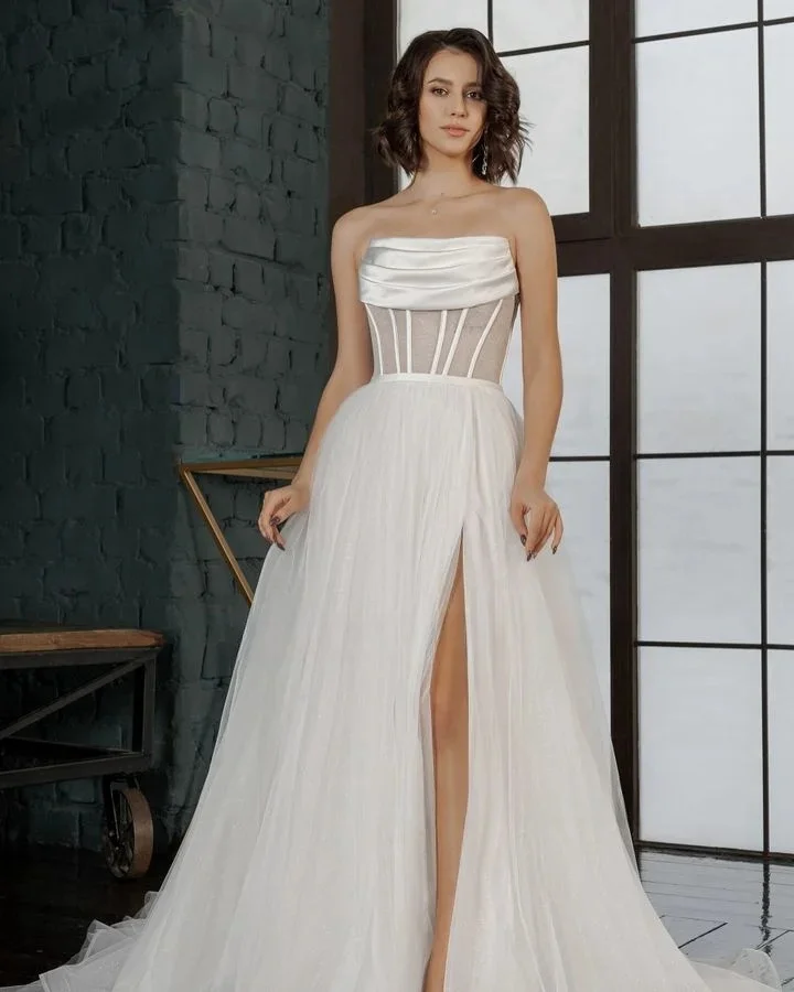 Simple Wedding Dress CustomizeA-line Strapless Wedding Dresses Sleeveless Tulle/Satin Bride Gown Split Long Simple Bridal Dres