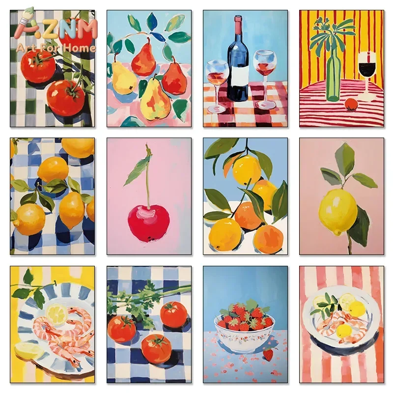 AZNM Colorful Fruit Wine Canvas Wall Art, Lemon Tomato Strawberry Food Still‑Life Oil Painting Print, Kitchen Dining Room Home D