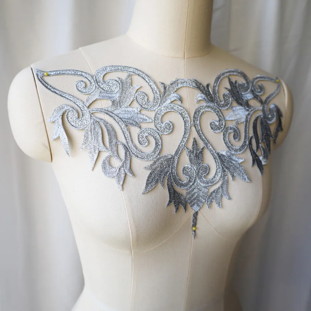 Silver Embroidery Sequin Baroque Flower Applique Fabric Collar Sew Iron Patch Wedding Bridal Gown Dress DIY Clothes Decor Crafts