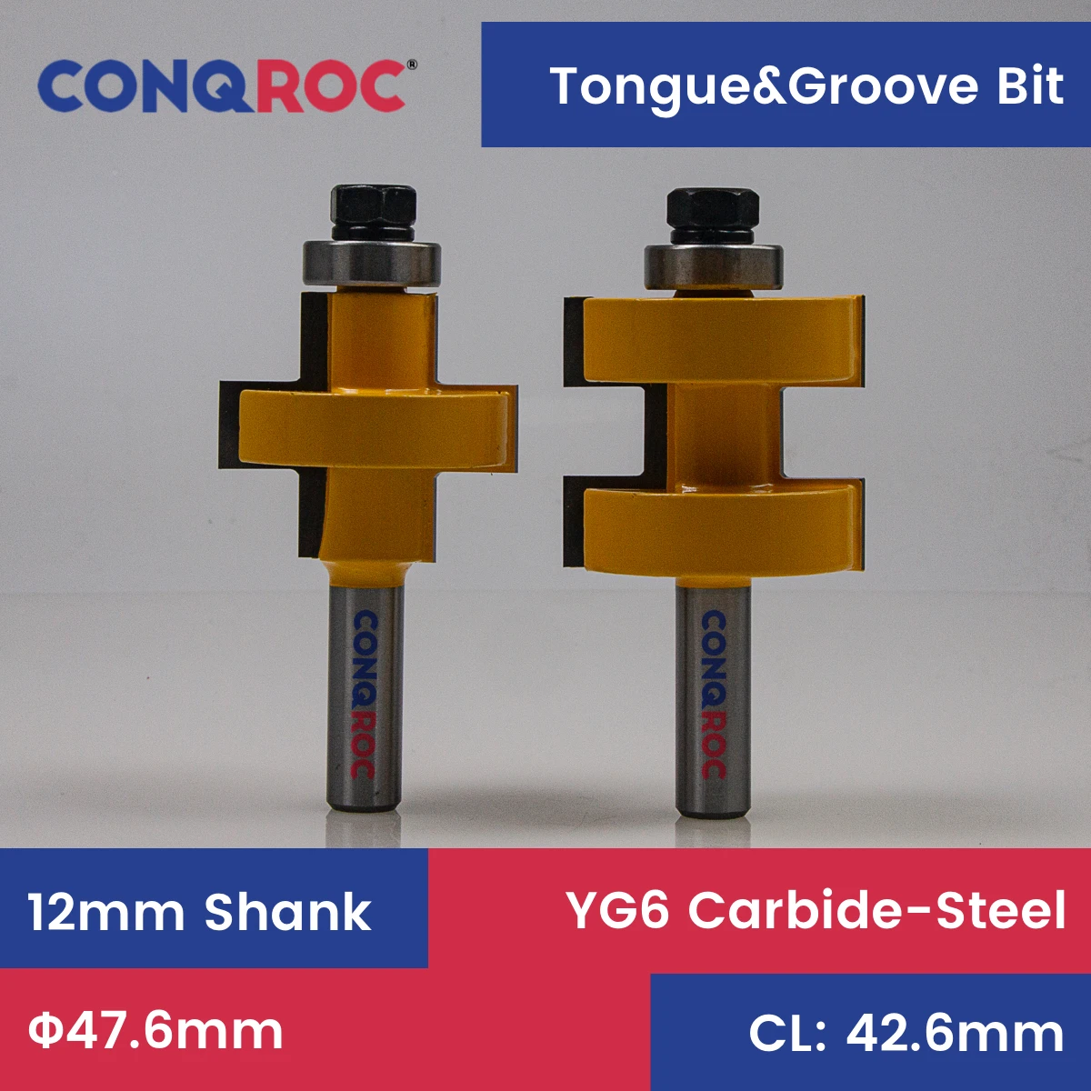 

12mm Shank Straight Tongue and Groove Router Bit Set with Top Bearing Diameter-47.6mm for Wood Thickness-42.6mm