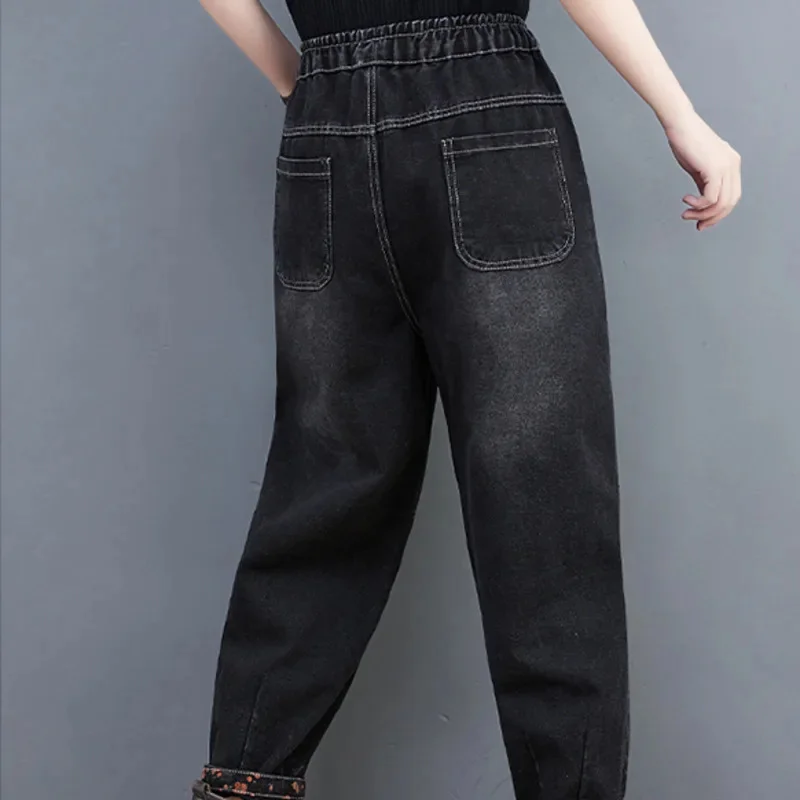 SpringAutumn Join Together Printed Denim Jeans Women Vintage Black Pencil Harem Jeans Female Ankle-length Ladies Jeans Pockets