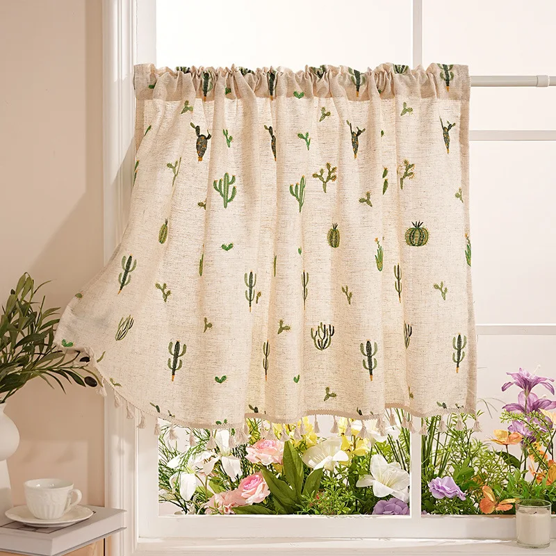Window Valance Linen Flower Embroidery Short Kitchen Curtain with Ruffle Coffee Curtain Farmhouse Postal Rod Pocket W180xL60cm