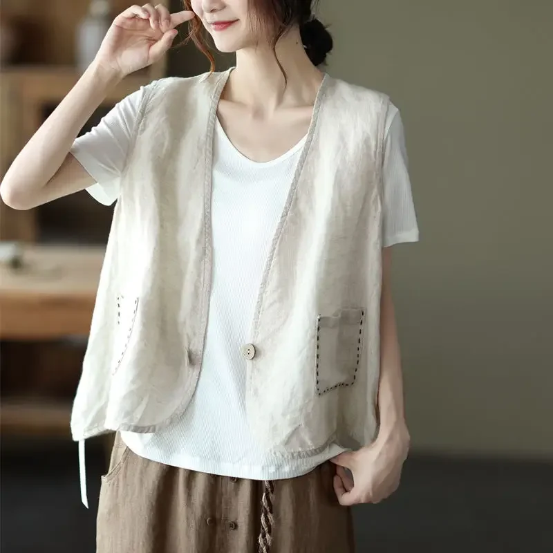 Women Spring Autumn Vest Pure Cotton Sleeveless Jacket Linen Cardigan Fashion Korean Retro Short Designer Grace Jacket Plus Size