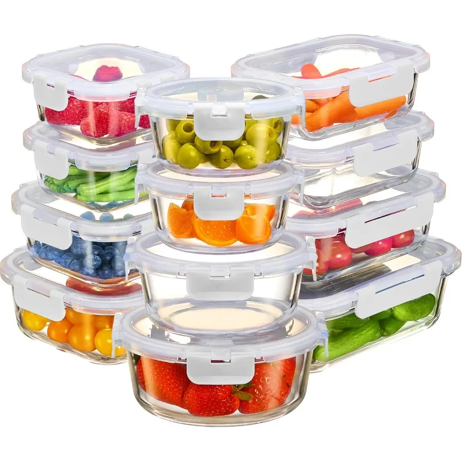 

FineDine 24 Piece Glass Airtight Storage Containers with Lids Leak Proof Dishwasher Safe Glass Food Storage Containers for Meal