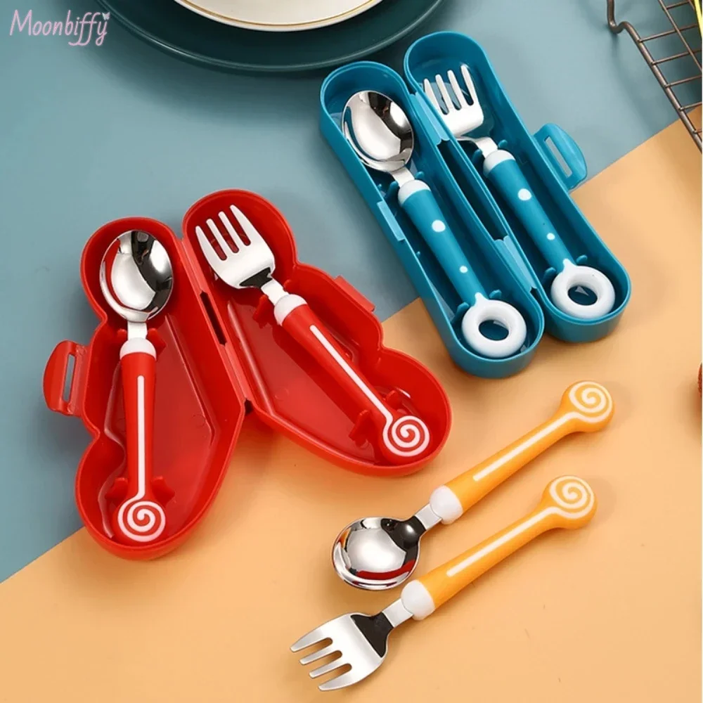 Children Utensil Cute Circle Cutlery Gadget Baby Tableware Set Food Feeding Spoon Fork Stainless Steel Infant Toddler Dinnerware