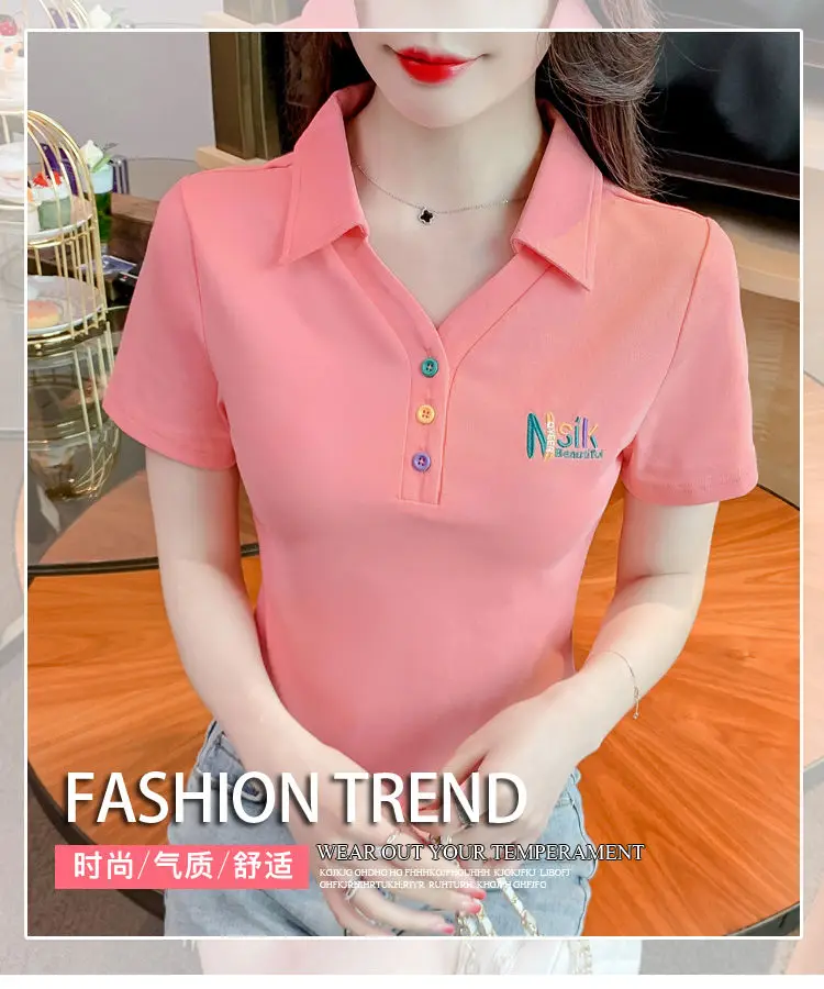 Kawaii Clothes Short Sleeve Women's Summer 2023 New Polo Collar Beautiful Embroidered T-shirt Unique Niche Fashion Crop Tops