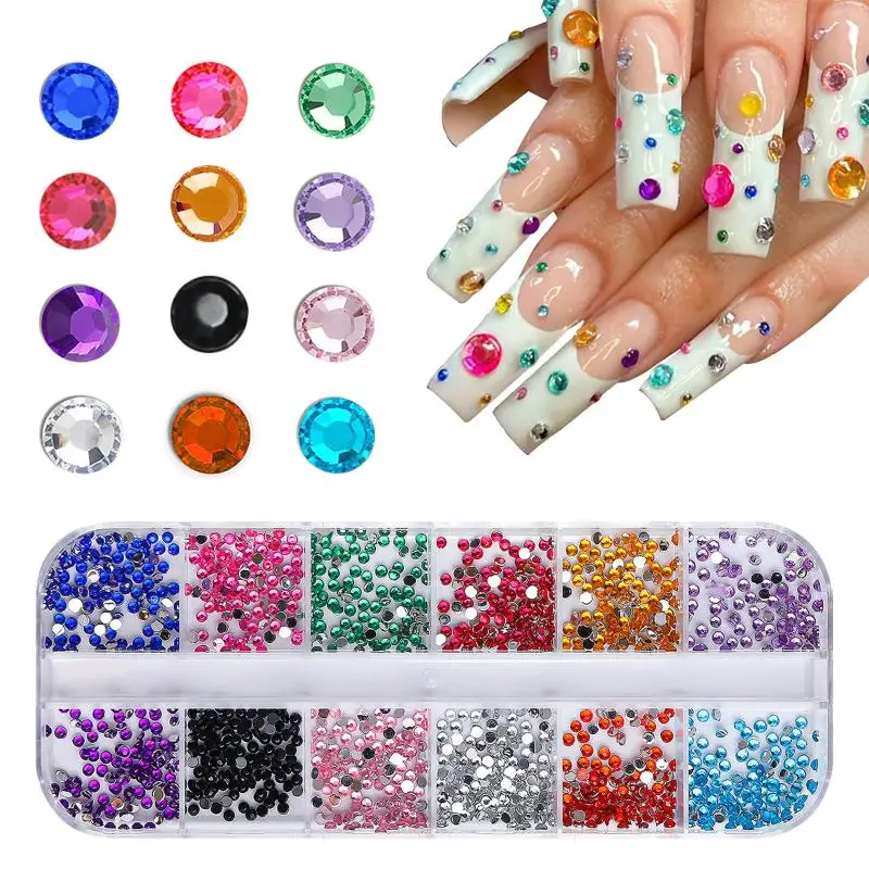 2mm Multicolor Nail Rhinestones Bulk - 12 Grids Flatback Crystal Gems For Nail Art, DIY Crafts & Face Decoration