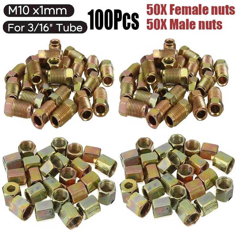 100Pcs Male Female Copper Brake Pipe Fittings M10 x 1mm Metric Nuts Screw For 3/16