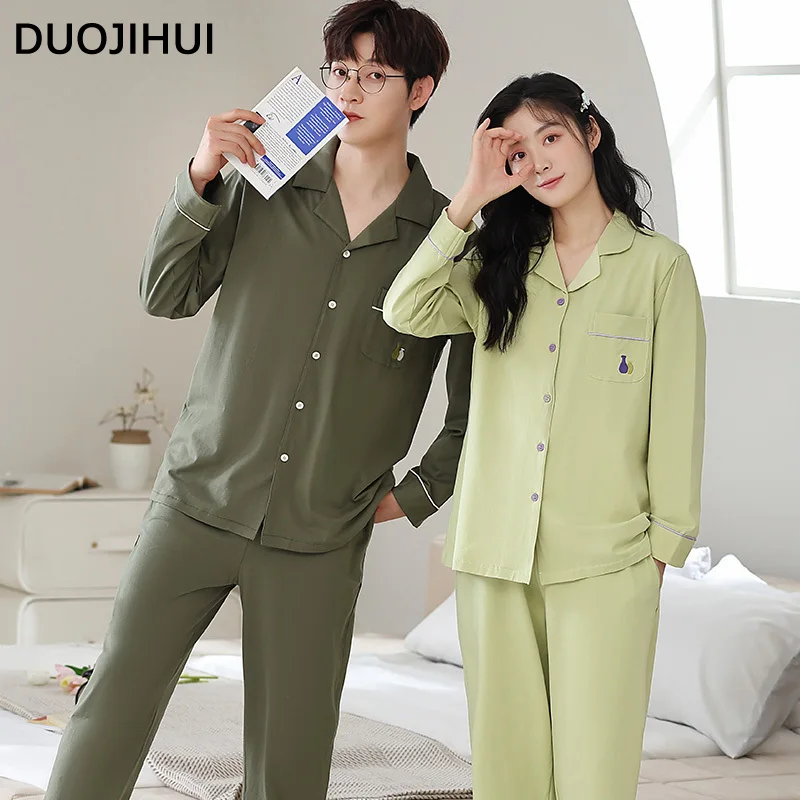 DUOJIHUI Two Piece Couple Clothes Simple Pajamas for Women Pure Color Button Cardigan Basic Pant Loose Casual Female Pajamas Set