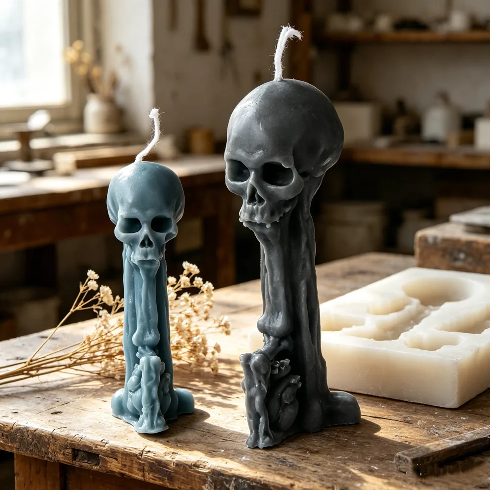 Molde de silicona 3D de calavera fundida para velas, molde de esqueleto gótico para velas aromáticas DIY, manualidades con jabón y resina, decoración del hogar con estética oscura y de Halloween