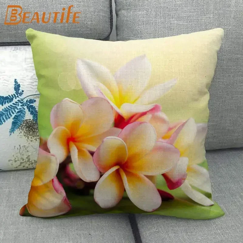 Nice Frangipani Flower Pillowcase Bedroom Home Decorative Cover 45x45cm Square Zipper Pillow Cases Cotton Linen Fabric No Fade