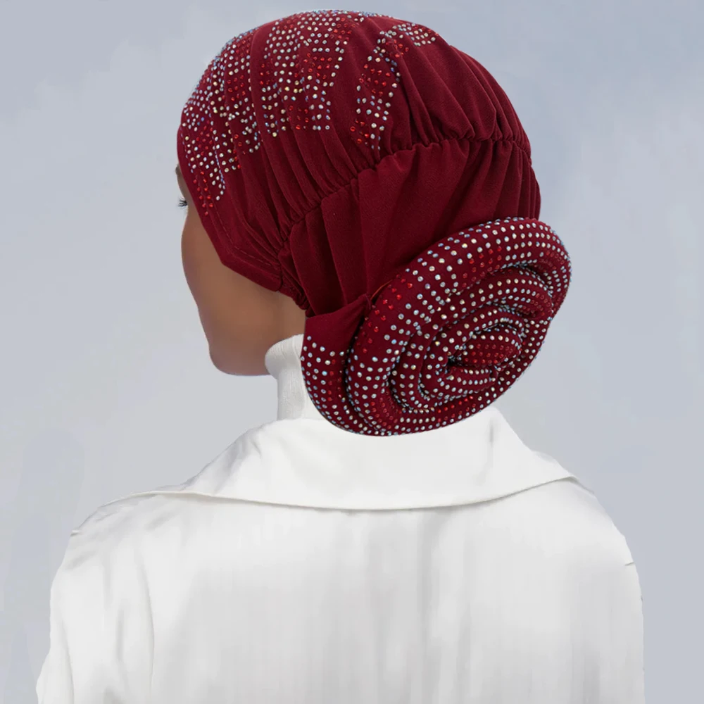 

2024 New Women Full Diamonds Donut Turban Cap Elastic Muslim Hijab Bonnet Hat Ladies Headband Turbans African India Caps