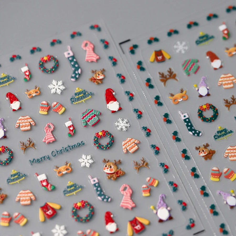 Calcomanías adhesivas para manicura, calcomanías de copos de nieve, suéter cálido, calcetines, sombrero, sombrero, calcomanías, dijes X'mas, alivio 5D, Feliz Navidad