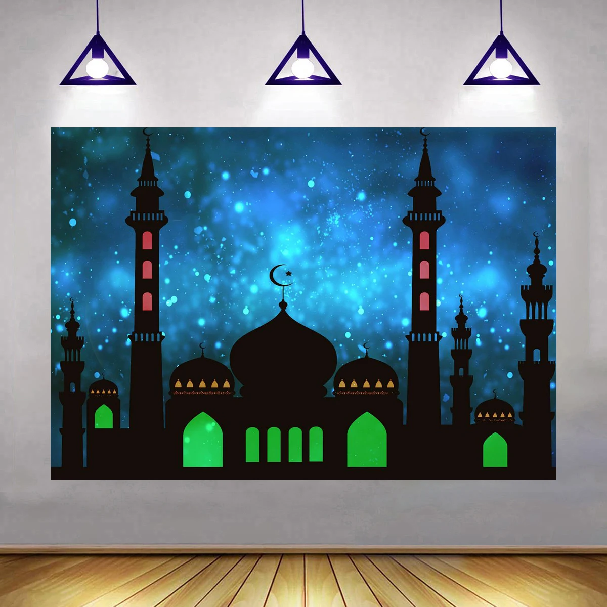 

Eid Mubarak Backdrop Arabian Islamic Muslim Ramadan Mubarak Home Festival Background Moon Stars Lanterns Party Supplies Decor