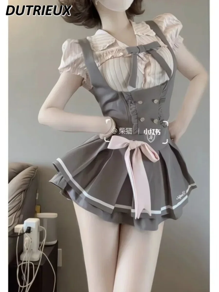 

American Preppy Style Suit Women's Summer Pink Striped Short Sleeve Shirt and Gray Vest High Waist Skirt Three-Piece Set