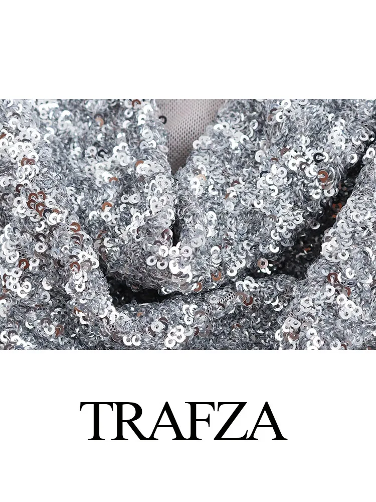 TRAFZA Donna New Fashion Increspato Manica Lunga Body Slim Party Tuta Donna Autunno Argento Paillettes Lucide Tuta Mujer