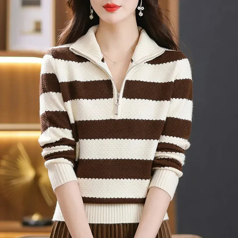 Autumn Winter Female Half Open Zipper Sweater Korean Ladies Large Size 4XL Pullover Knitting Women Loose Fitting Stripe Knitwear