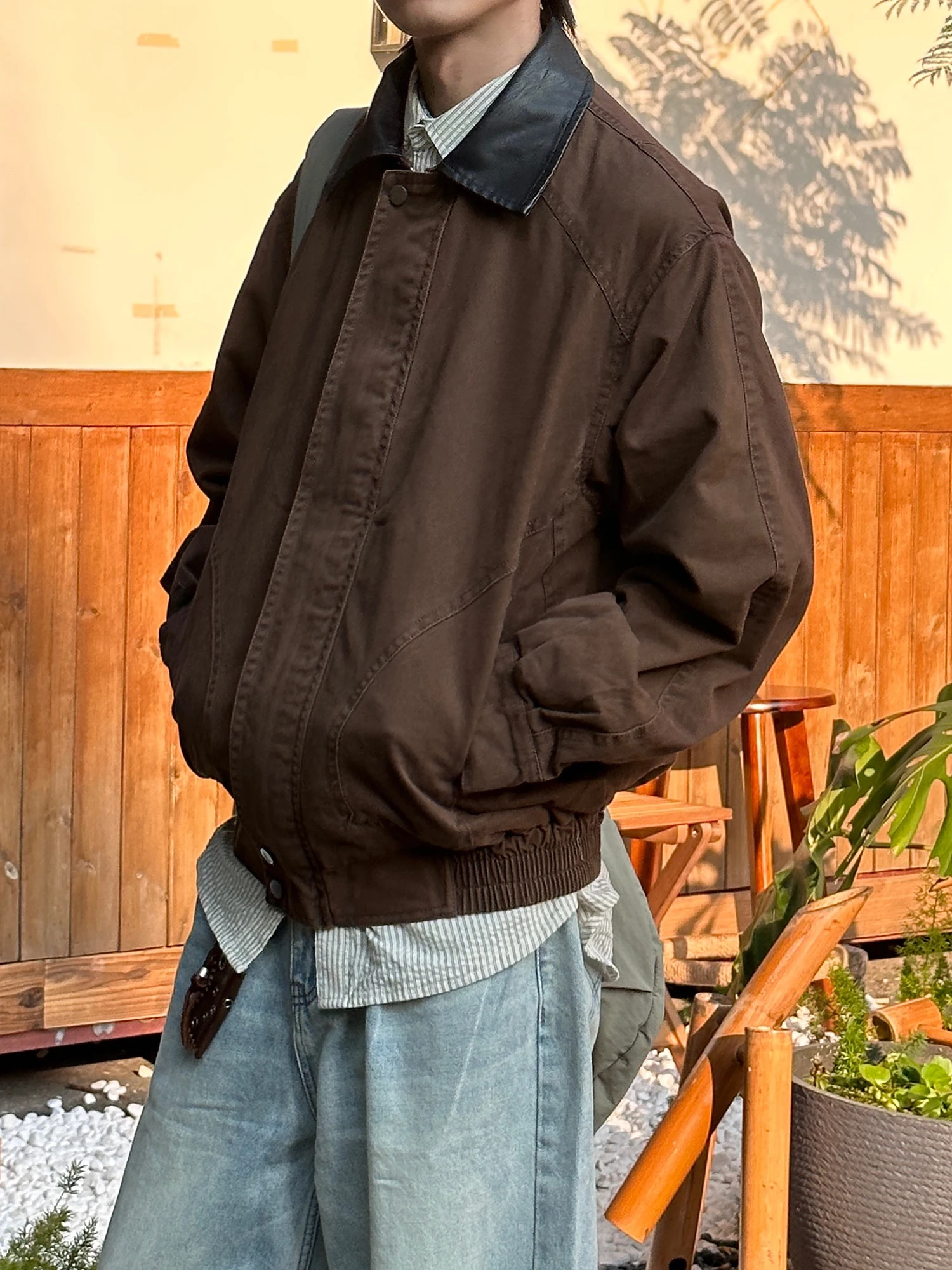 الرجعية الأمريكية Waed ياقة جلدية Jaet الرجال فضفاضة تناسب عادية ربيع الخريف ملابس خارجية الشباب Sle مستقيم هملين