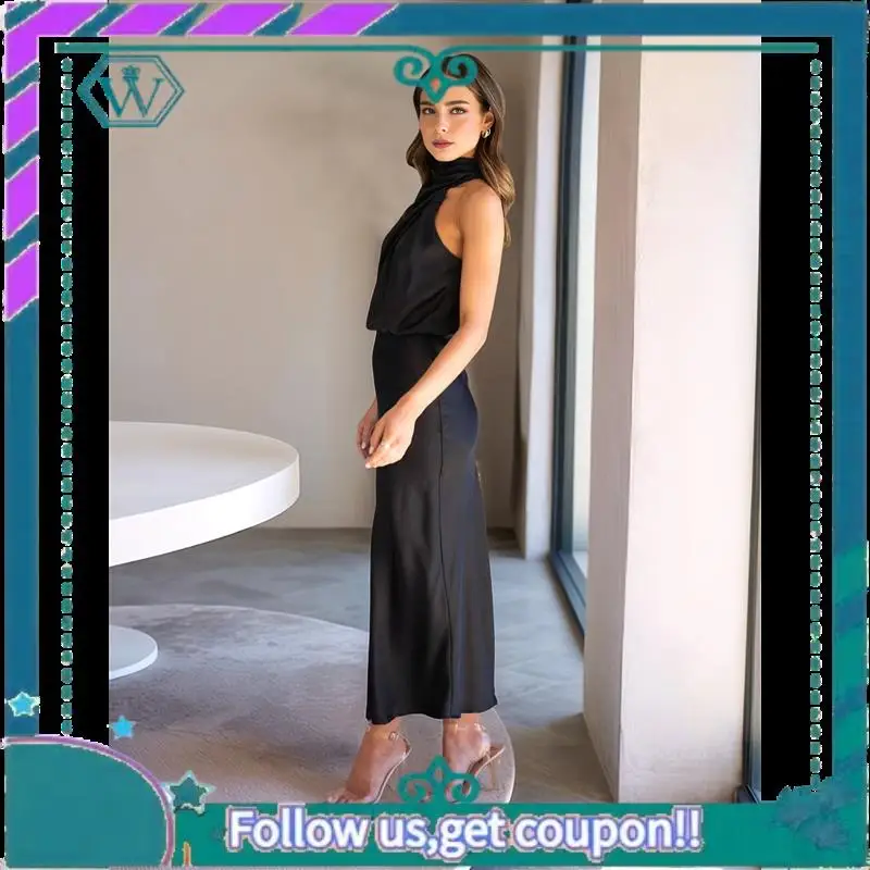 A09P Abito estivo in raso da donna 2025 Abiti lunghi da cocktail party eleganti senza maniche con collo a lupetto