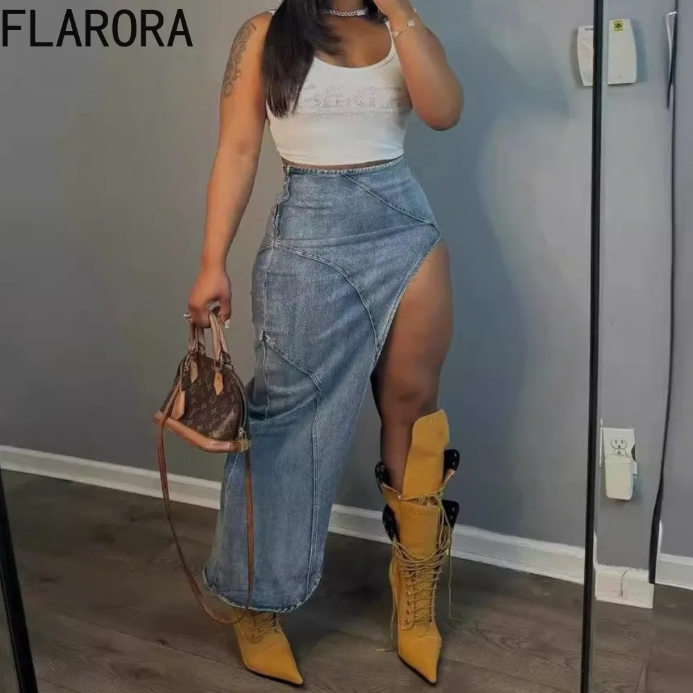 

FLARORA Fashion Irregular Denim Skirts Woman Side Slit Zip High Waist Jeans Skirt Vintage Distressed Female Street Long Bottoms