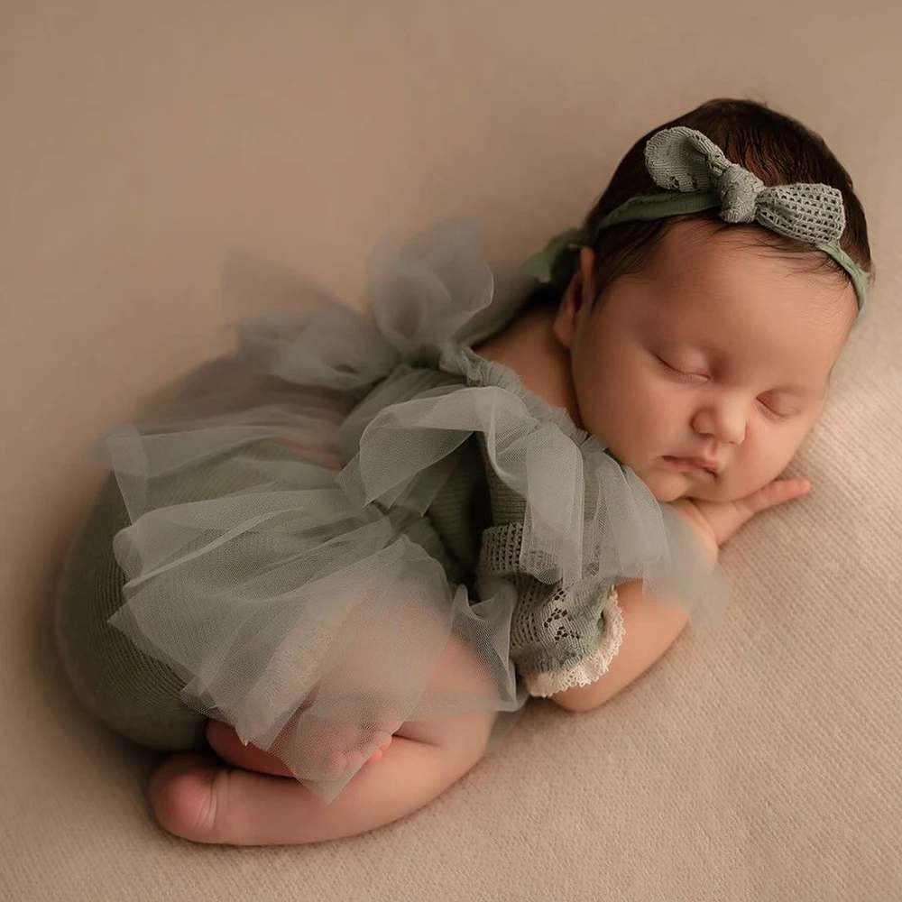Newborn Photography Props Light Gray Green Knitted Tulle Romper Baby Photo Shoot Outfit Newborn Photo Accessories 0-3 Months