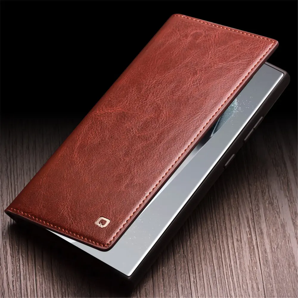 QIALINO Genuine Cowhide Leather Flip Wallet Case for Samsung Galaxy S24 Ultra S24+ S24 Card Slot Holder Cover