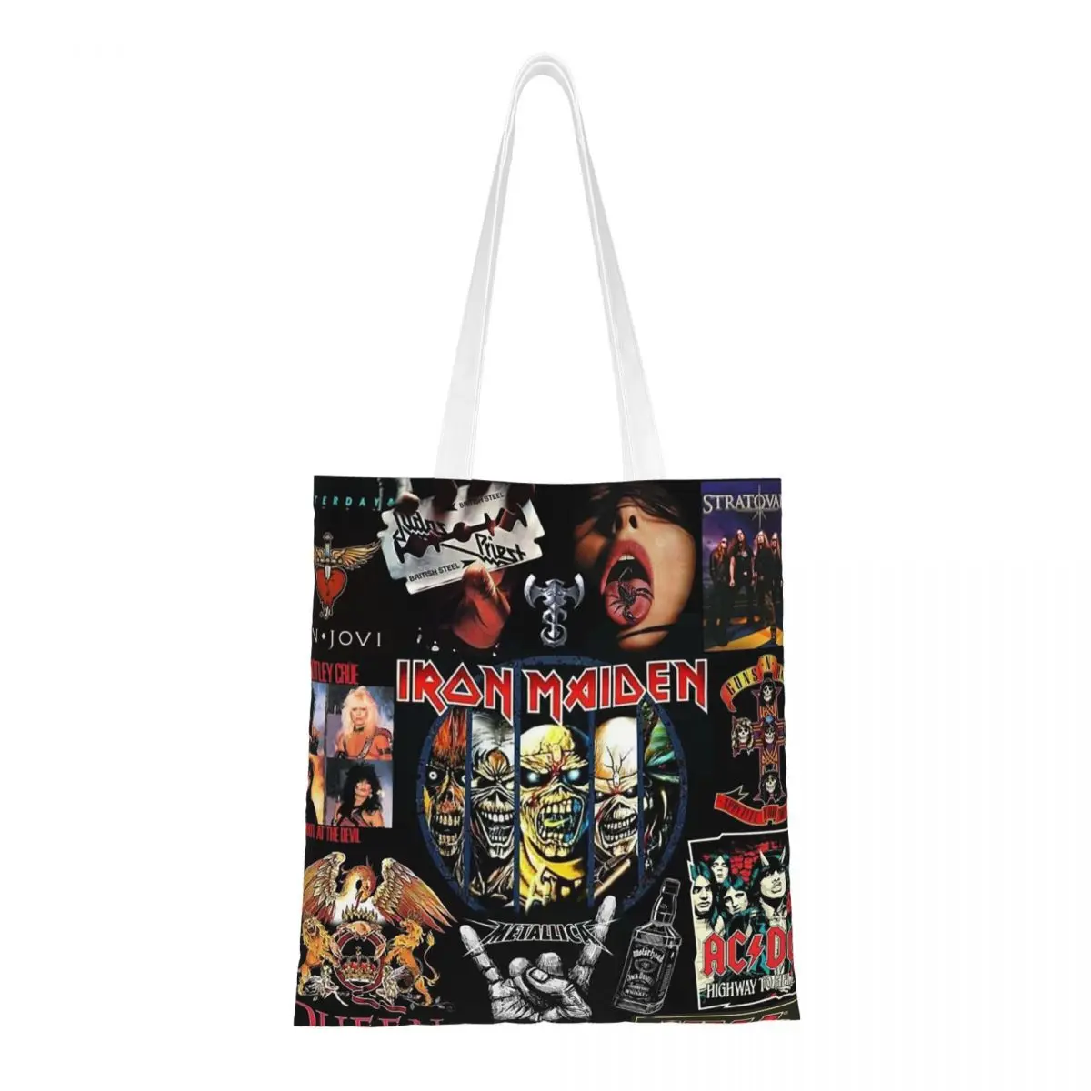 Tas Belanja AC DC Heavy Metal Tas Kanvas Wanita Tas Tote Tas Tangan Travel Bahu Anak Perempuan Yang Dapat Digunakan Kembali