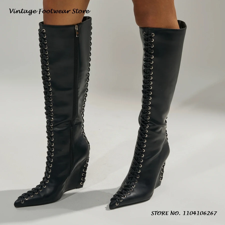 Cross-tied Wedges Knee-high Boots Street Style Pointed Toe High Heel Shoes Women's Spring Autumn Chic Side Zipper Modern Boots
