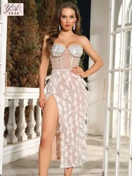 Women Celebrity Sexy Strapless Backless Pearl Beading Feather Split Midi Bodycon Dress 2024 Elegant Evening Club Party Outfit