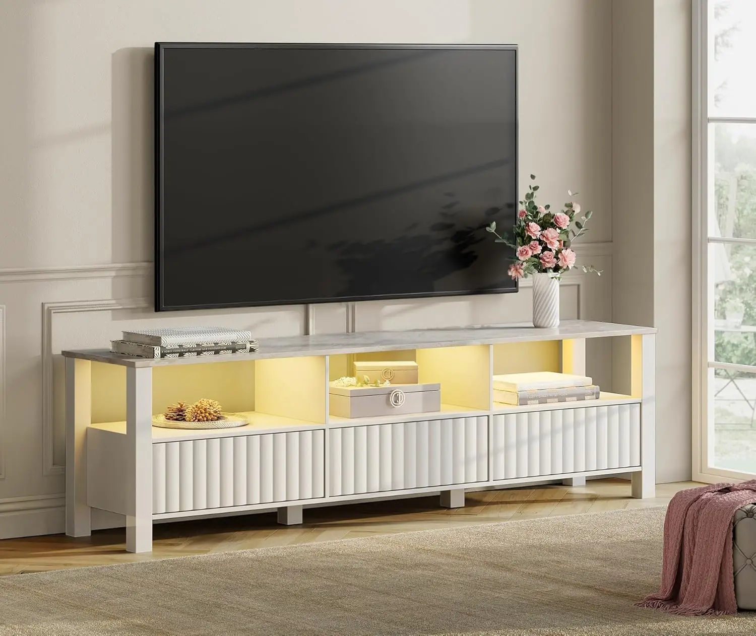 

White TV Stand for TVs up to 75 Inch, Modern Entertainment Center with Yellow LED, Wood TV Console Table with Storage Cabinet fo