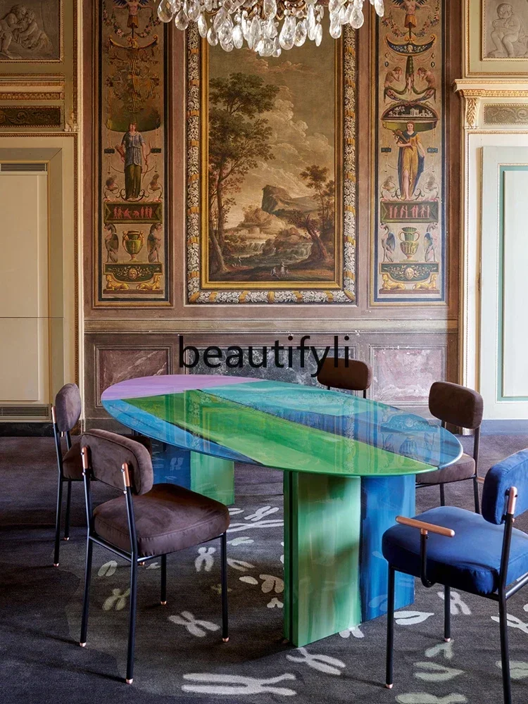 

yj21 Designer creative FRP painted dining table light luxury color hand-painted personalized graffiti oval coffee table