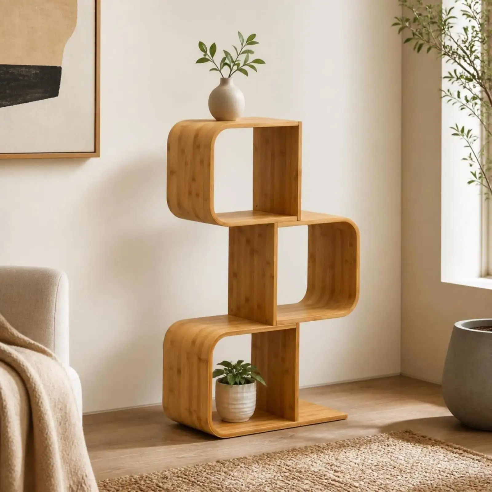 Curved Bookshelf Modern S Curve Bamboo Book Rack Versatile Display Shelf for Books Plants Collectibles