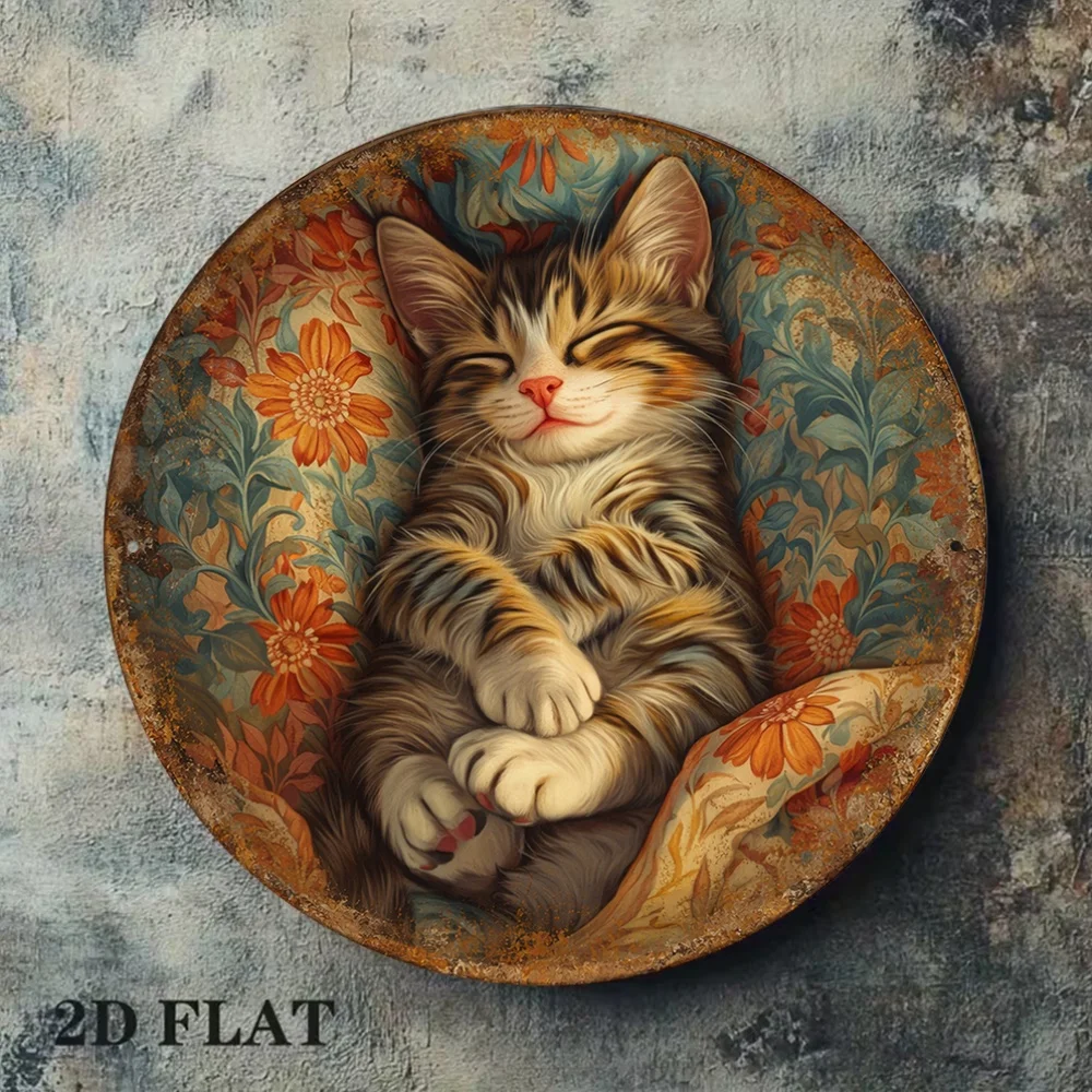 1pc Retro Cat Round Aluminum Sign 20cm, Wall Hanging Decor for Living Room Bedroom Cafe, Cute Gift