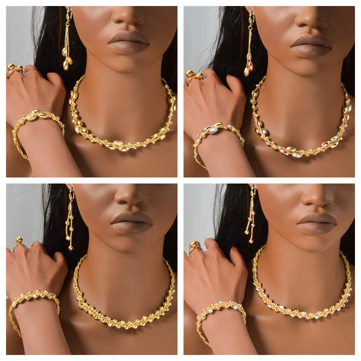 

4pcs Gold-color Necklace Earring Bracelet Set Ladies Elegant Jewelry Fashion Jewelry Set Gift for Women Wedding Party Birthday