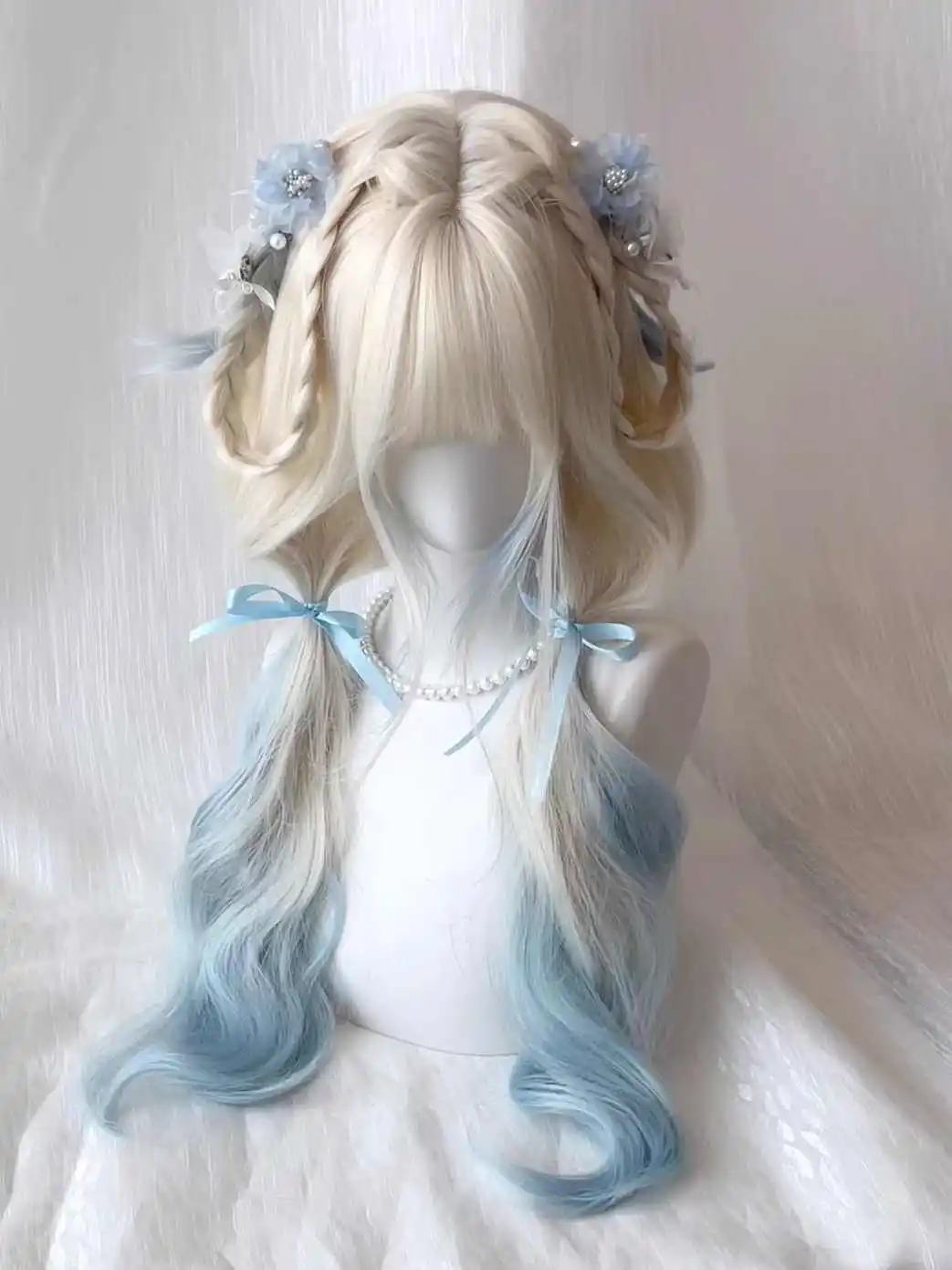 OLACARE Synthetic Wig Curly Wave Wigs Air Bangs Hair Platinum Blonde Blue Heat-Resistant Natural And Smoot Daily Wear For Women