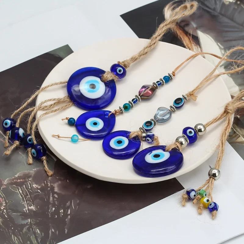 Lucky Eye Braided Rope Cross Heart Tassel Wall Hanging Handmade Glass Turkish Evil Eye Pendant Keyring for Home Living Room Car