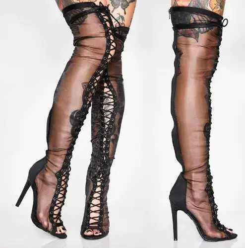 

Hot Woman Black Air Mesh Cross Tied Lace Up Front Peep Toe Cover Heel Stiletto Heels Over The Knee Sandals Boots Long Botas Shoe