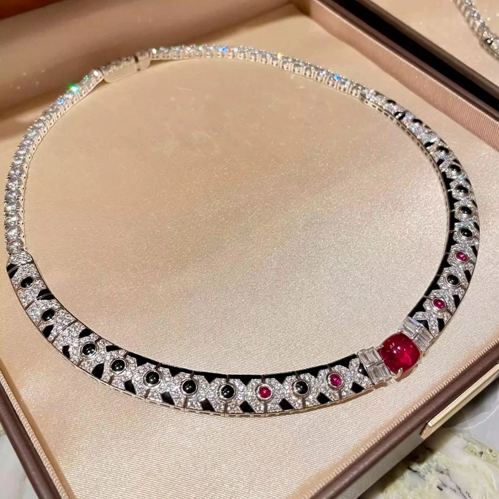 925 الفضة الأسود المينا الاصطناعية الأحجار الكريمة الحمراء الكربون الماس النمر ليوبارد طباعة المختنق سلسلة قلادة غرامة مجوهرات فاخرة