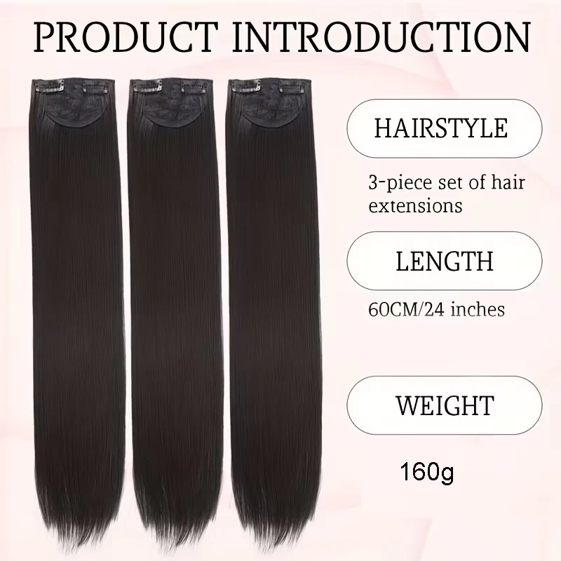 24Inch Synthetic 3pcs/set Long Straight Hair Extension Lightweight Black Brown Hair Accessories for Women Daily