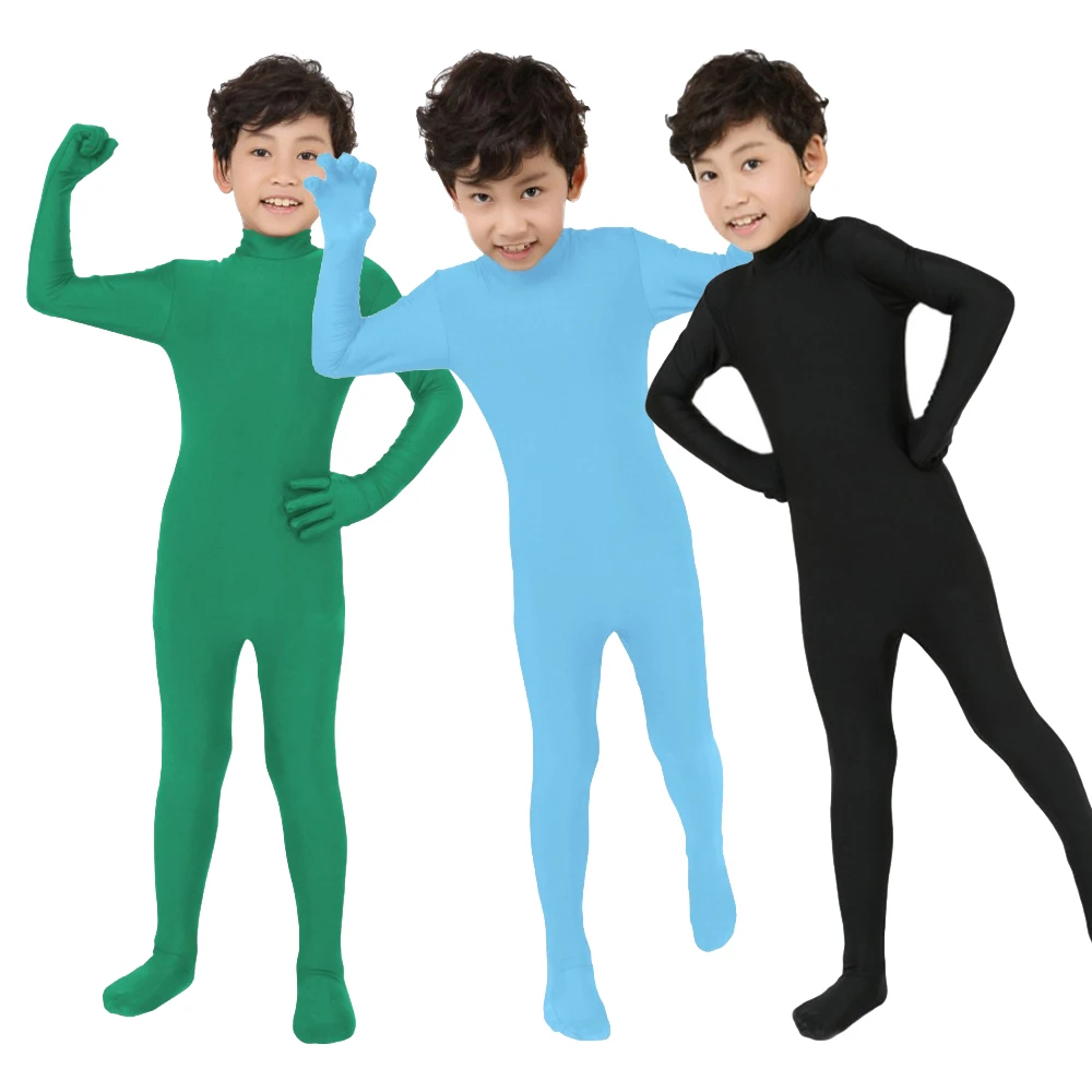 Youth Full Body Zentai Suit for Teens Child Size Halloween Costume Unitard With Feet Hand Green Screen Suit For Video Breathable