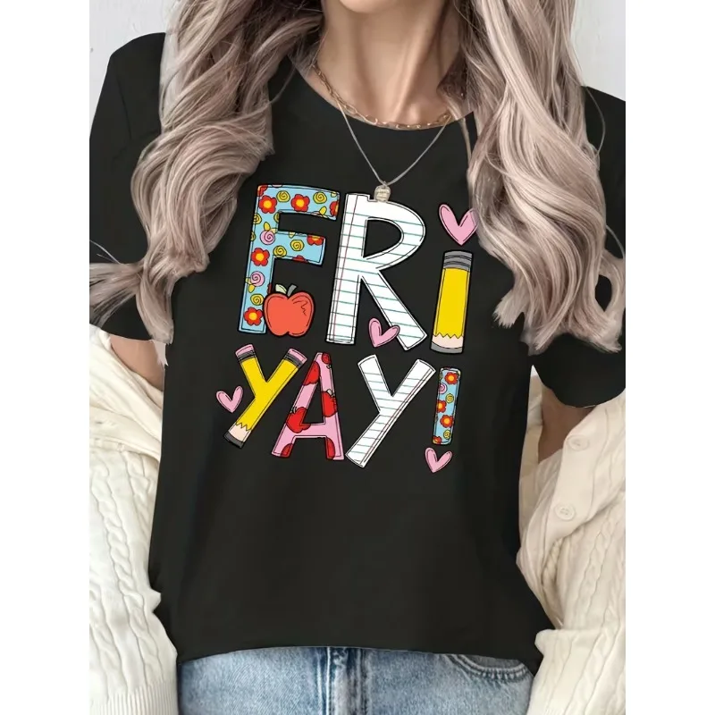 Happy First Day of School Print T-Shirt Women’s Casual Crew Neck Short Sleeve Colorful Pencil  Book Print for Back To School