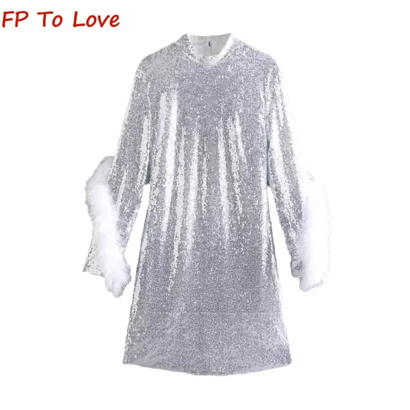 Y2K Feather Embellished Back Hollow Sequin Dress PB&ZA Woman Sexy Slim Silver Hottie Mini Dress 9649729